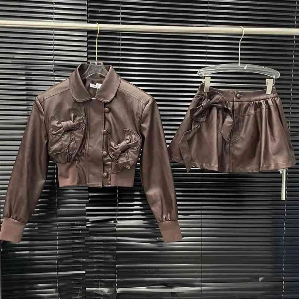 Brown Cropped Jacket and Skirt Set